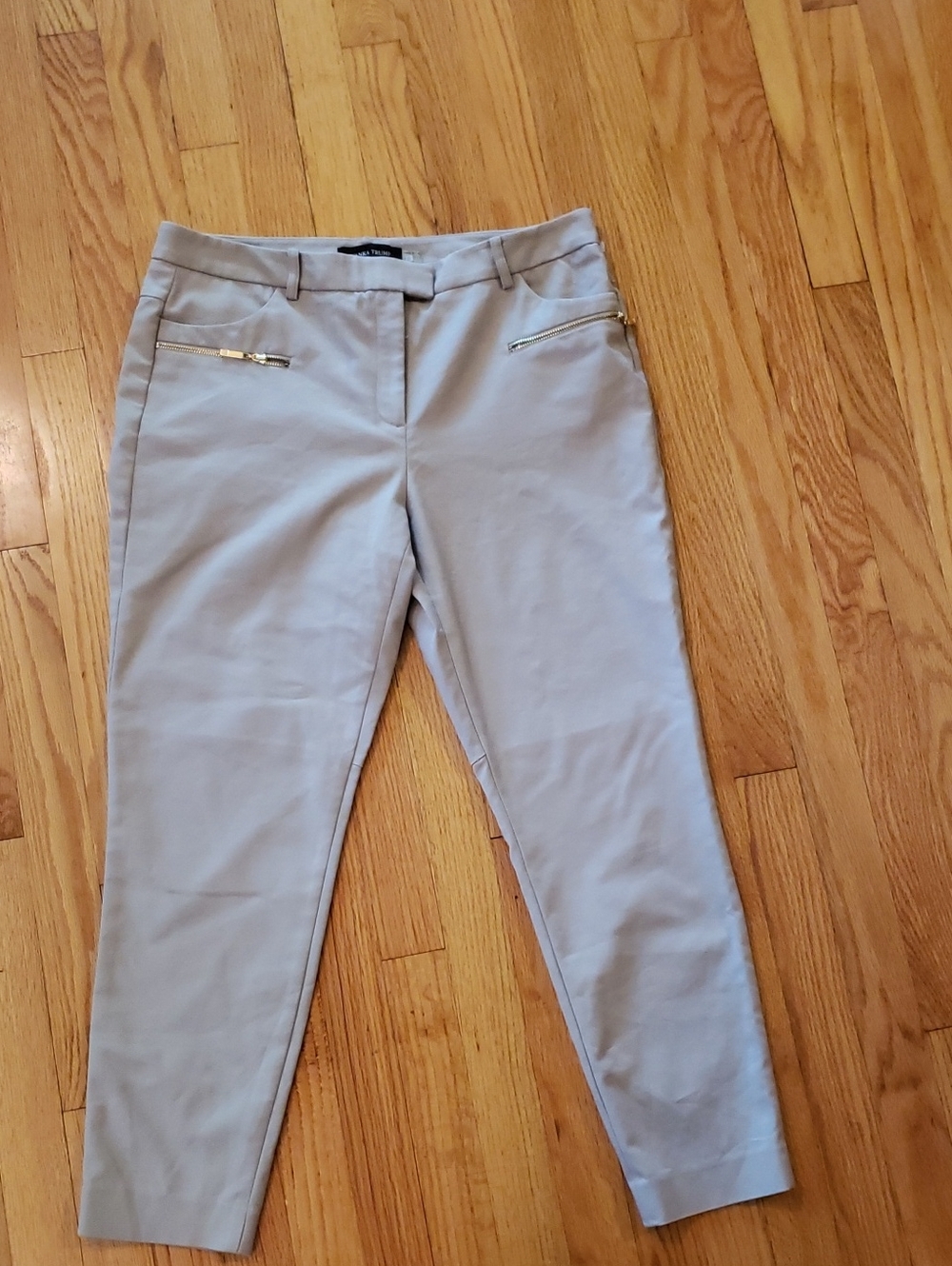 Size 12 Womens Light Taupe Casual Pants with Gold Tone Zipper Pockets .
